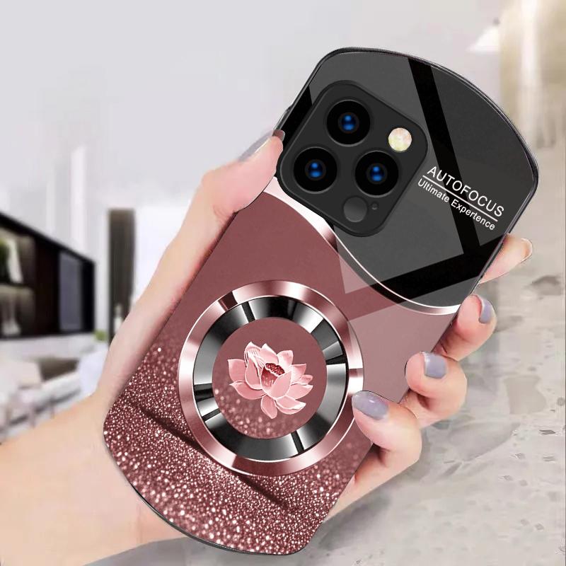 Circle Lotus Golden Dot For iPhone 16 15 14 13 Plus 12 mini 11 Pro Max XR Xs X 7 8 6 6S 22 Elliptical Tempered Glass Phone Case