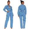 Europe and America Cross Border Stretch Bellows Pocket Wash Denim Jumpsuit Jumpsuit Bell-Bottom Pants Jeans Jumpsuits