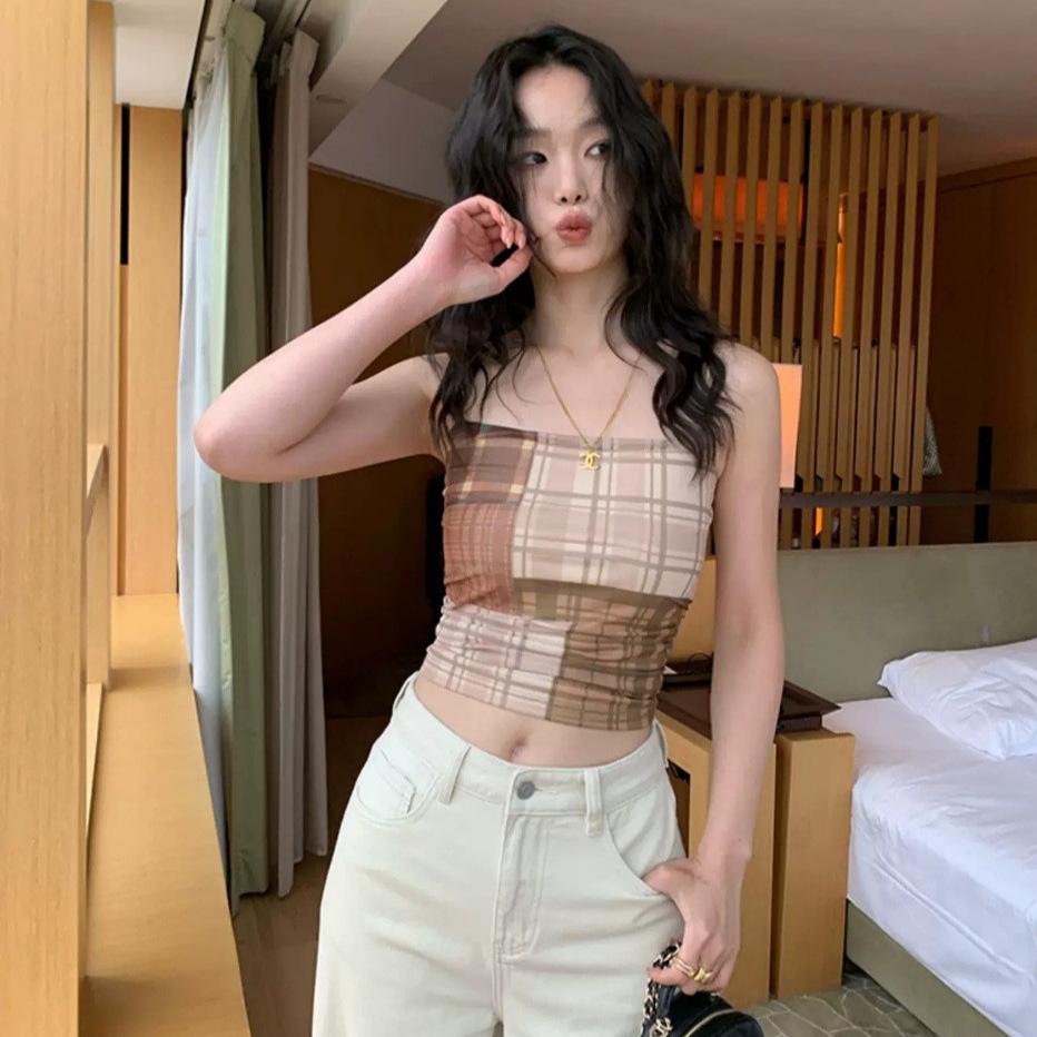 #Summer New Pure Desire Wind Irregular Plaid Printing Sling Vest Female Slim Short Fixing Belt Chest Pad