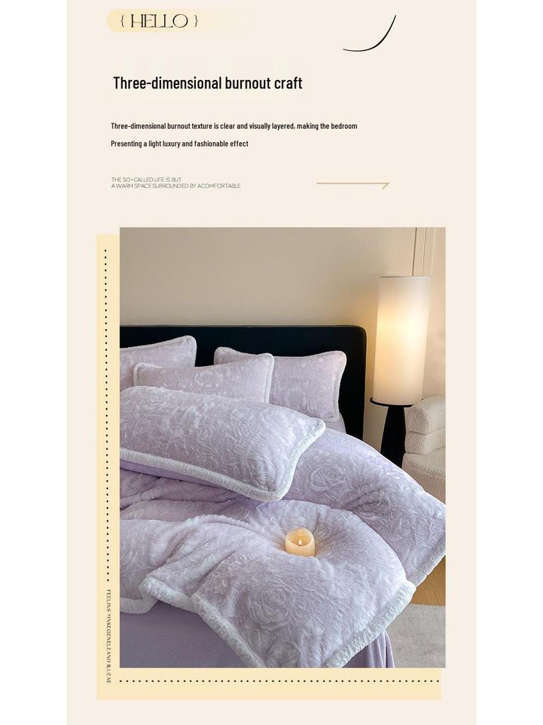 Luxurious 3D Rabbit Fur Trimmed Bedding Set: Includes Thick Warm Bed & Fitted Sheets - Minimalist Style