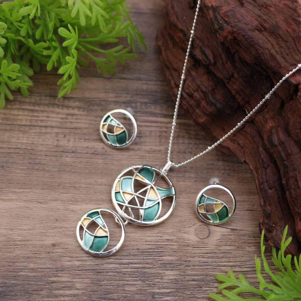 New enamel color round hollow flower stud earrings pendant set, women's fashion versatile flower necklace