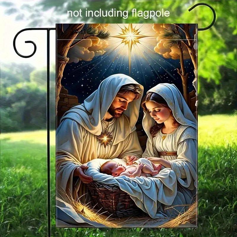 Christmas Nativity Scene Garden Flag - Double-Sided Linen Blend, 45.72x30.48 Cm, Durable & Fade-Resistant, Vibrant Colors, Ideal for Outdoor Holiday D