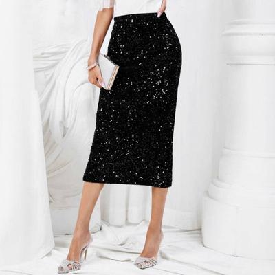 Women Skirt High Waist Solid Color Sequin Decoration Slimming Leg Shape Midi Skirt Work Party