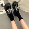 Women's Black Leather Mary Jane Loafers  New Fashion Thick Heel Crystal Embellished Britsh Style Spring Autumn Shoes