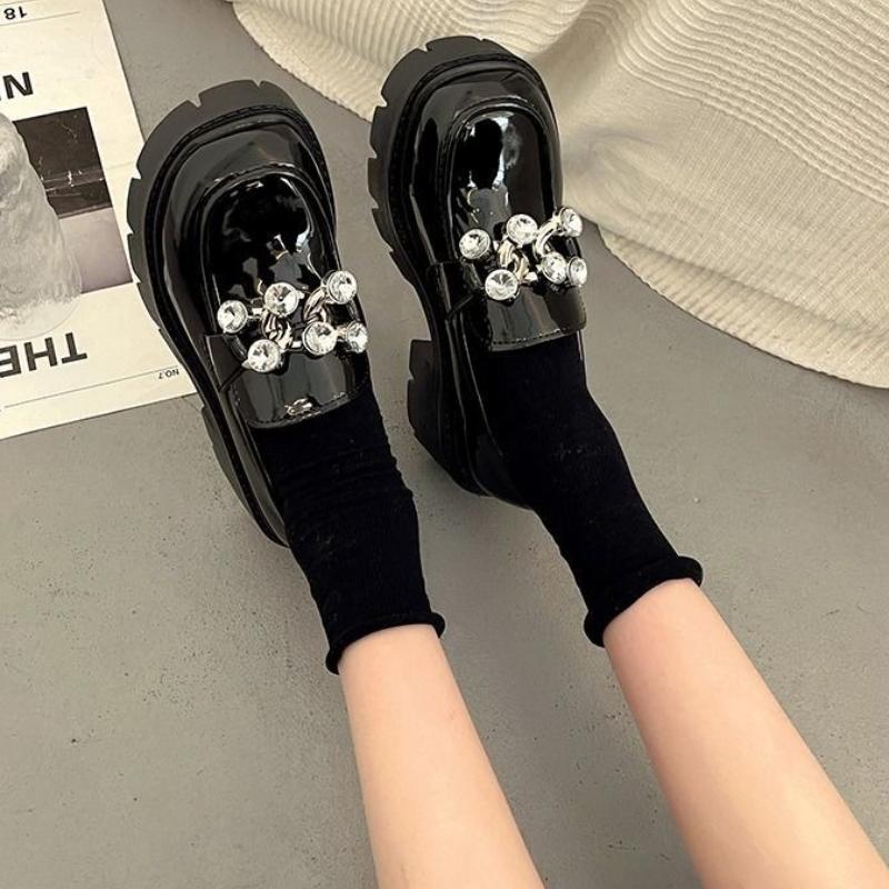 Women's Black Leather Mary Jane Loafers  New Fashion Thick Heel Crystal Embellished Britsh Style Spring Autumn Shoes