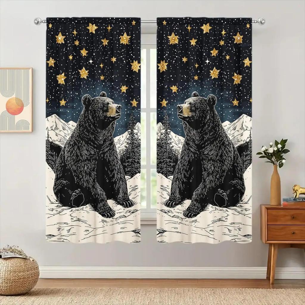 2pcs Starry Bear Pattern Curtain  Blackout  Polyester  for Holiday Window Decor  Home Decor  Rod Pocket Curtain