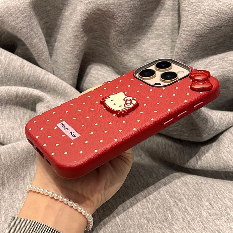 Red Bow Kt Cat Is Suitable for Iphone16 Phone Cases Apple 15 Soft Cases 14 13 Protective Cases  and 12 Leather Textures