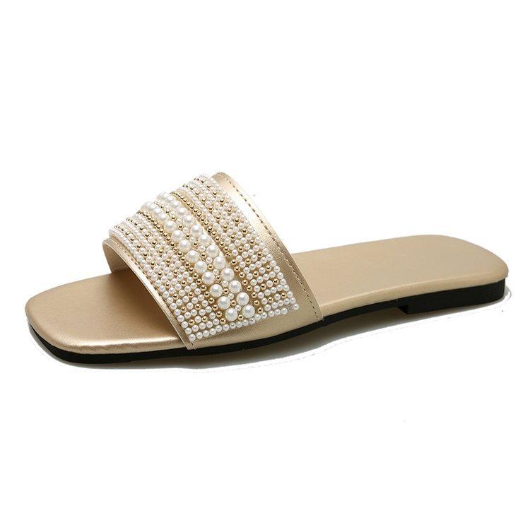 Large size flat-bottomed slippers women's summer new pearl one-word lazy one-pedal soft-soled slippers outer wear
