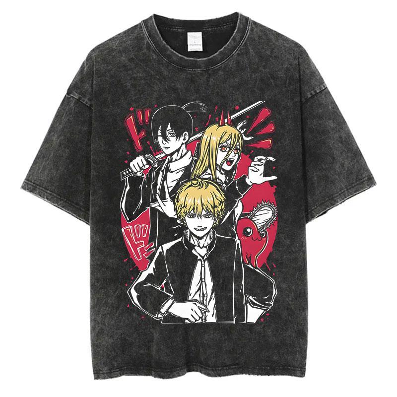 Anime Chainsaw Man Power Funny Print T Shirt Men Women Y2k T-shirts Washed Cotton Tee Harajuku Unisex Comfortable Tshirt