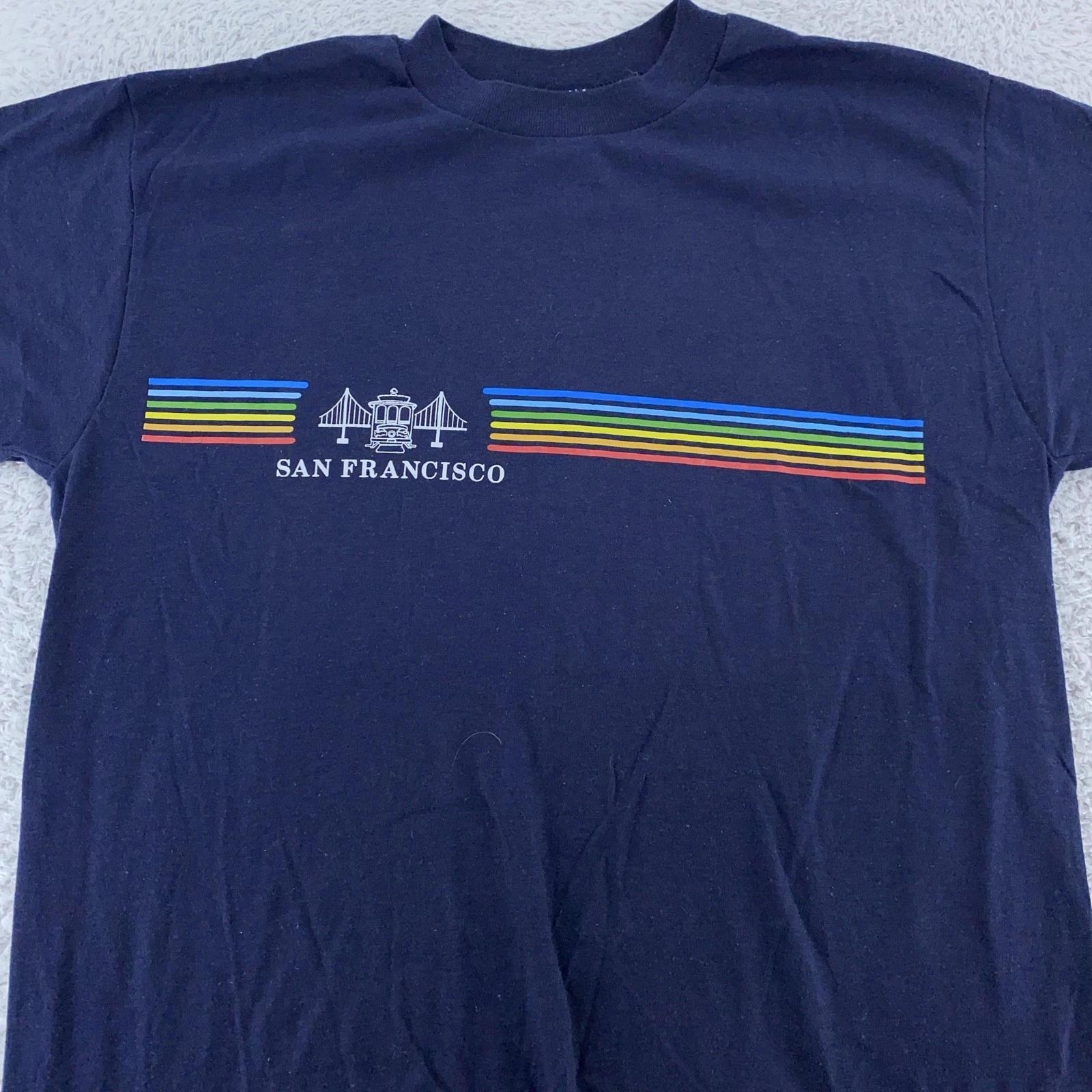 

Vintage San Francisco Trolley Rainbow Shirt Mens Medium Navy Blue California 80s M