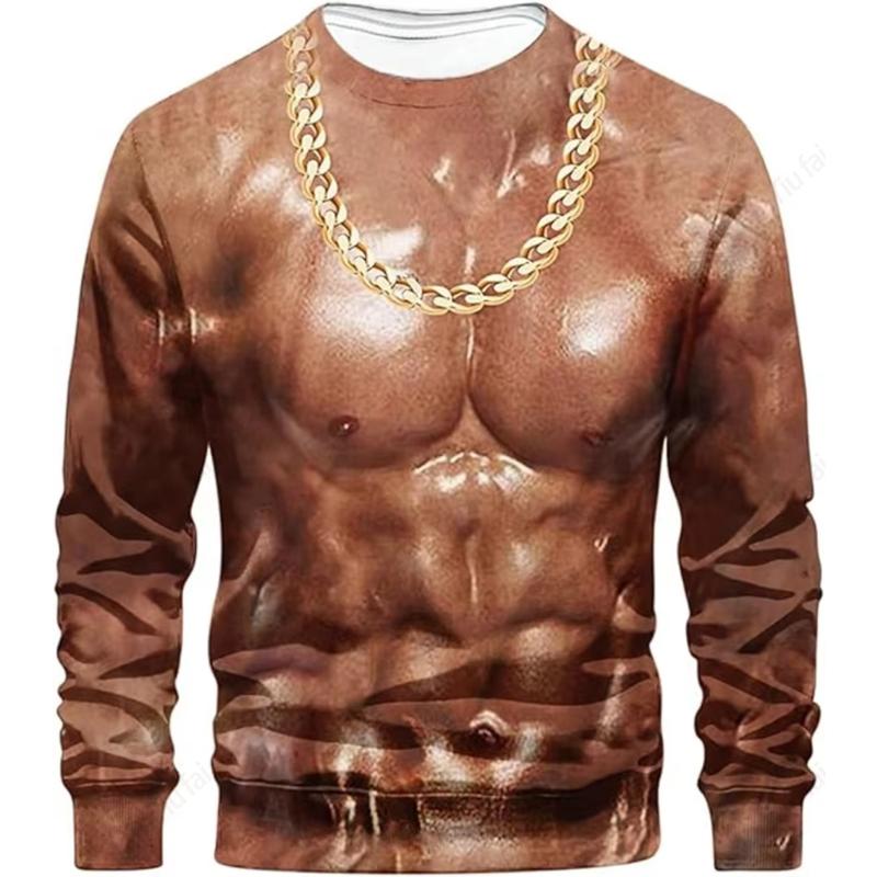 Crewneck Long Sleeve T-shirt 3D Funny Muscle Body Printed T-shirts Slim Oversized T Shirt Men Tops Ugly Chest Hair Tops Tees New