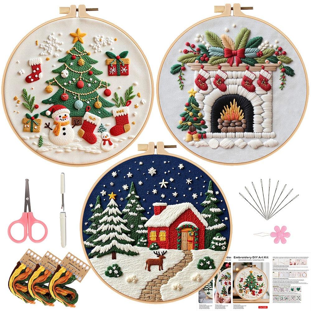 3PCS Stamped Cloth Christmas Embroidery DIY Kit with Embroidery Hoop Handmade Christmas Series Pattern Embroidery Set