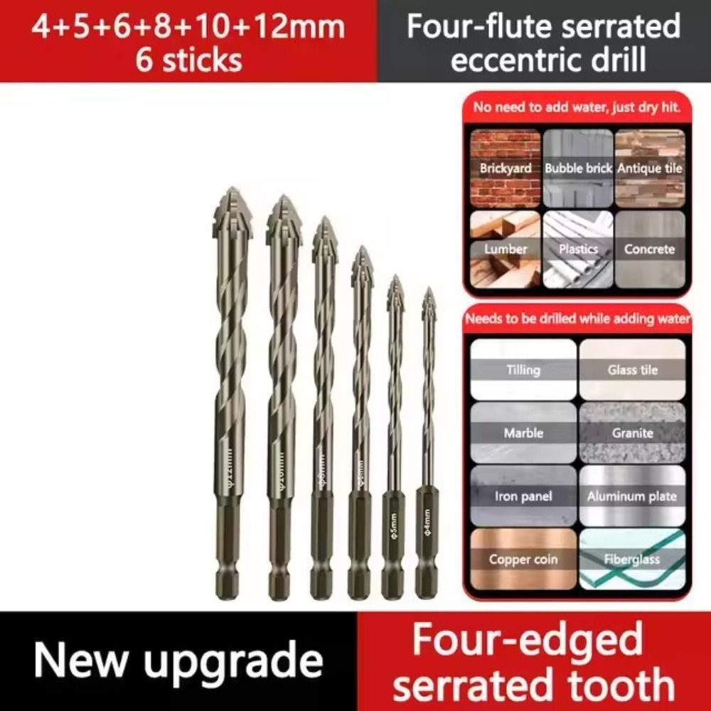 Four-Edged Tile Drill Bit Serrated Hexagonal Shank Drill Bit Set  Drilling Tool
