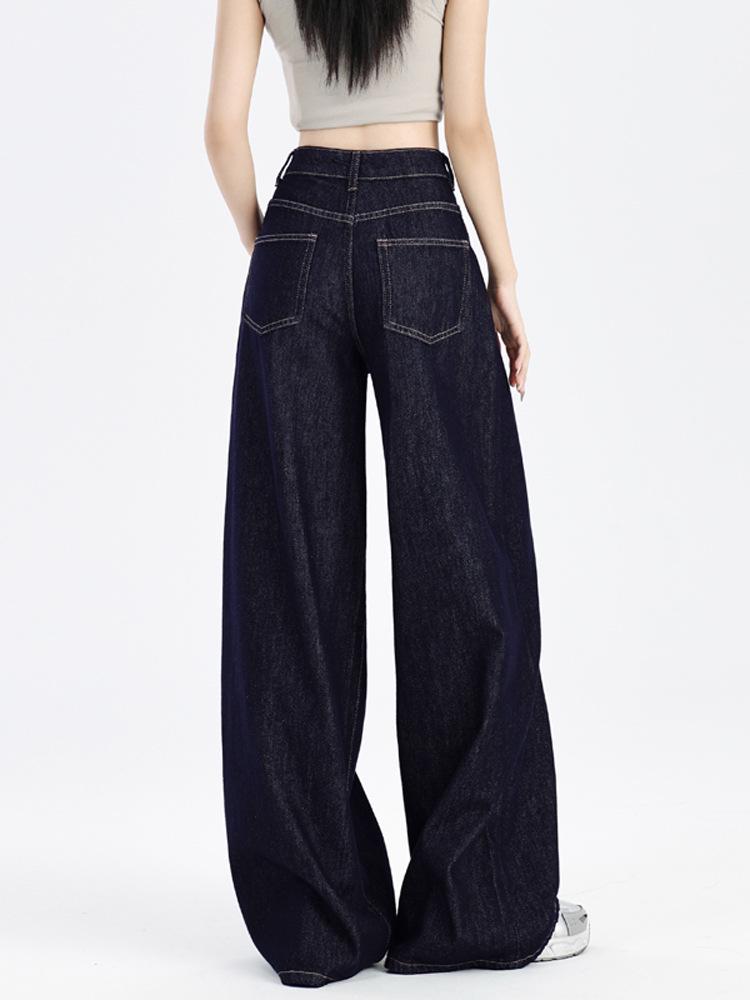 2024 Women's Retro Deep Blue High-Waist Wide-Leg Jeans