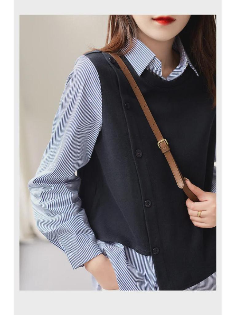 Women's Long Sleeve Striped Knitted Two-in-One Loose Top
