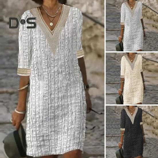 

Весенне-осеннее платье-пуловер с v-образным вырезом и вышивкой, кружевное платье-пуловер, однотонное повседневное платье с половиной рукавов, уличная одежда