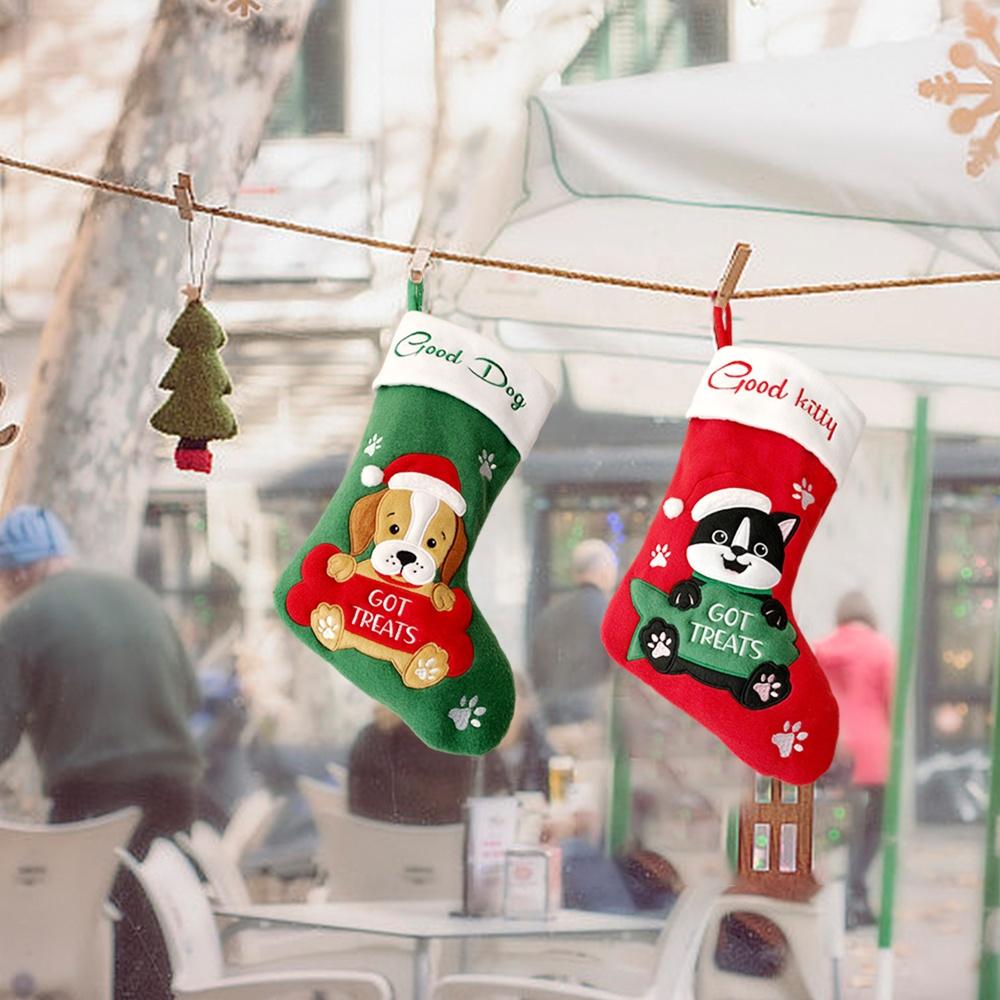 High Quality Custom Xmas Fireplace Decoration Cute Pet Dog Cat Gift Bags Red Green Merry Christmas Stocking Set for Embroidery