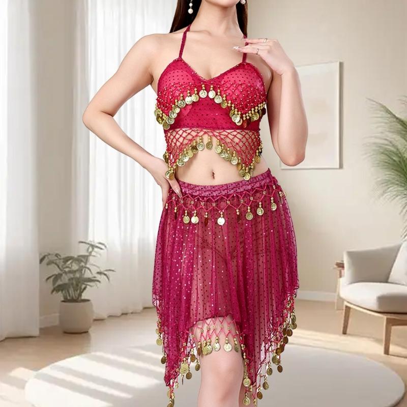 2Pcs Belly Dance Costumes Set for Women Girls Belly Dance Bra Tops and Coins Short Skirt Belly Dancer Outfits Gifts