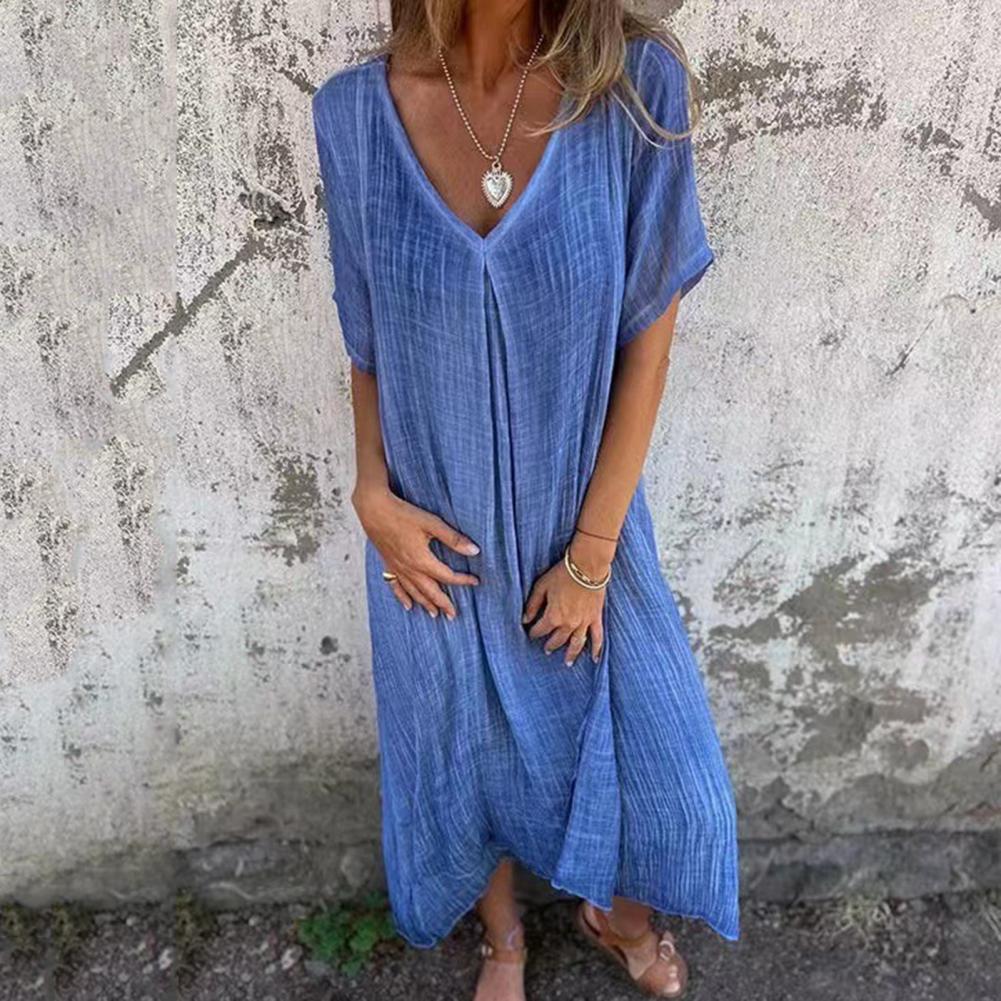 Stil Baumwolle Leinen Lockeres Kleid Damen V-Ausschnitt Kleid Vintage Gerades Strandkleid Weich Atmungsaktiv Lange Kleider