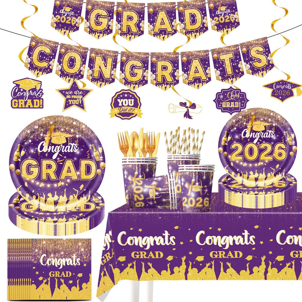 2026 Graduation Season Purple Gold Party Supplies: Paper Plates, Flags & Napkins
