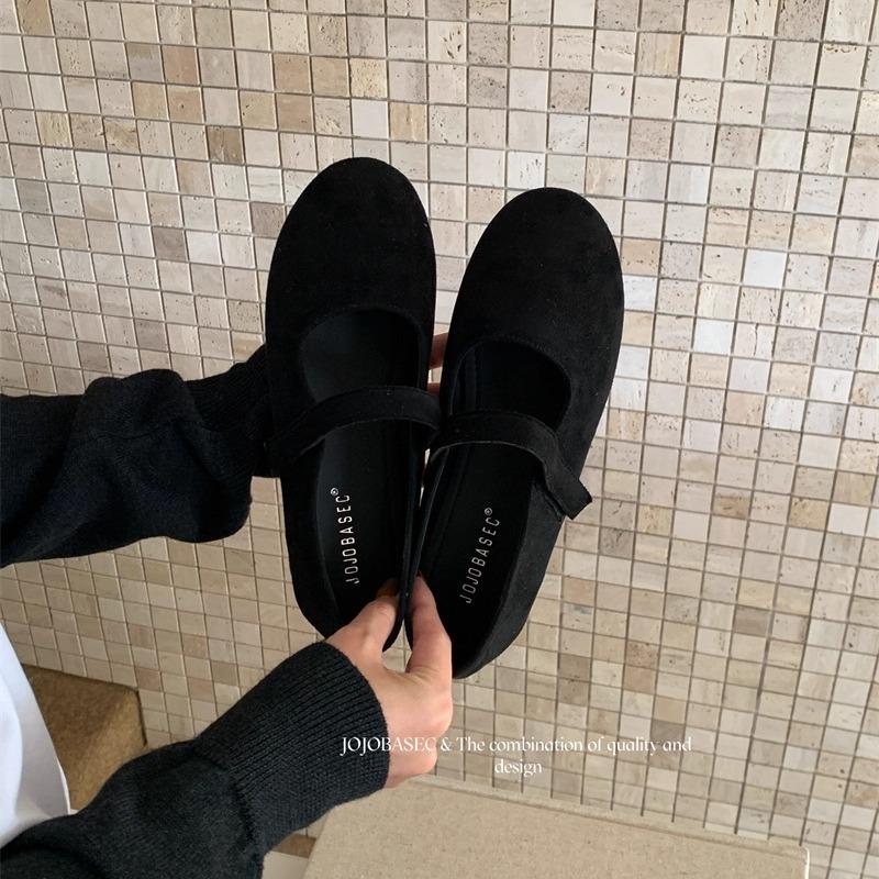 French retro suede ballet single shoes women's 2025 autumn new Korean version one-word strap flat Mary Jane women's shoes