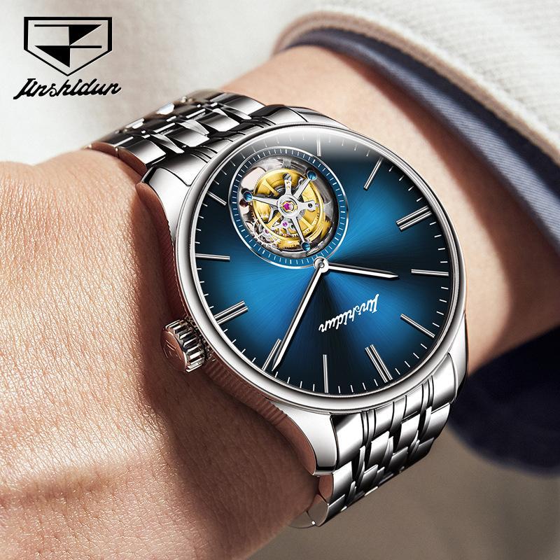 JINSHIDUN Brand Skeletonized Tourbillon Mechanical Watches for Men