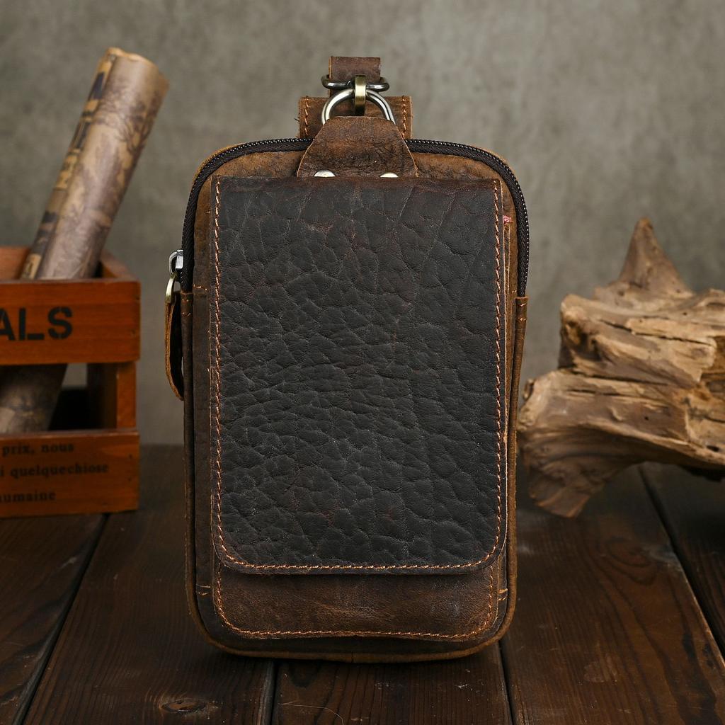 Men Top Layer Crazy Horse Leather Small Waist Bag With Hook 6 Inch Outdoor Phone Storage Pouch belt bag