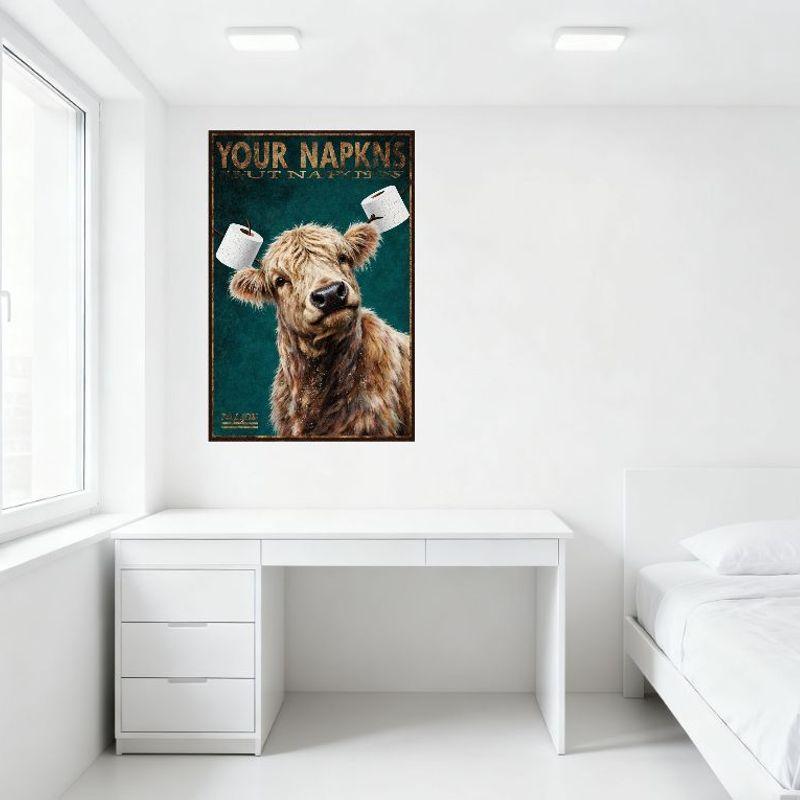 Humorous Highland Cow with Toilet Paper Horns Teal Background Vintage Metal Tin Sign for Bar Home Wall Decor Rustic Art Poster 8