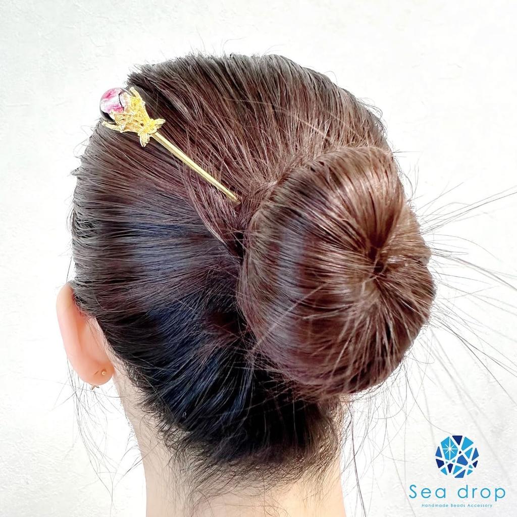Sea Drop Kanzashi Hairpin, Glow-in-the-Dark Firefly Glass Bead, Pink, 14mm, Luminous Gold, Single Hair Ornament, Japanese Style, for Yukata, Kimono,