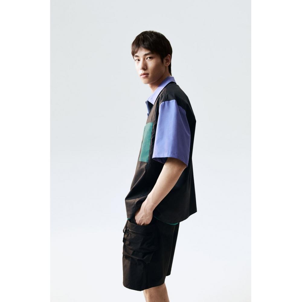 H M Loose Fit Zip Top sHirt Black Dark Turquoise