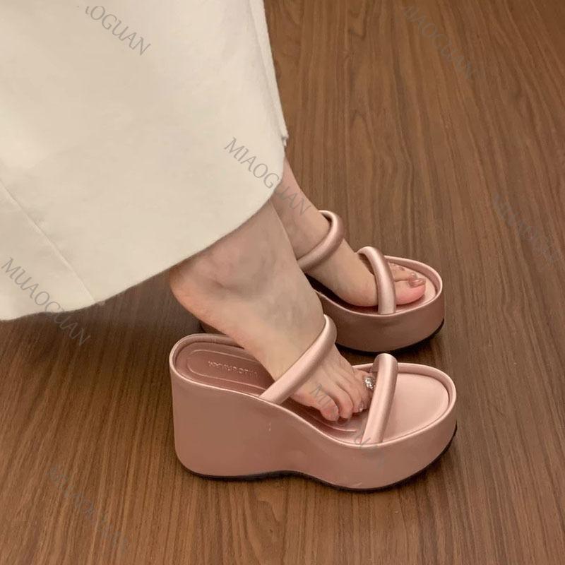Fashion Summer Women Platform Wedges Heel Slippers Open Toe Thickness Slide Ladies Outdoor Beach Dress Sandalias Solid High Heel Shoes