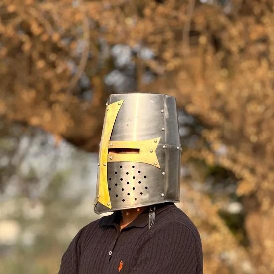 Templar Grey Crusader Knight Helmet Medieval Great Helm, Larp And Cosplay Helmet ,Handmade Steel  Brass Helmet