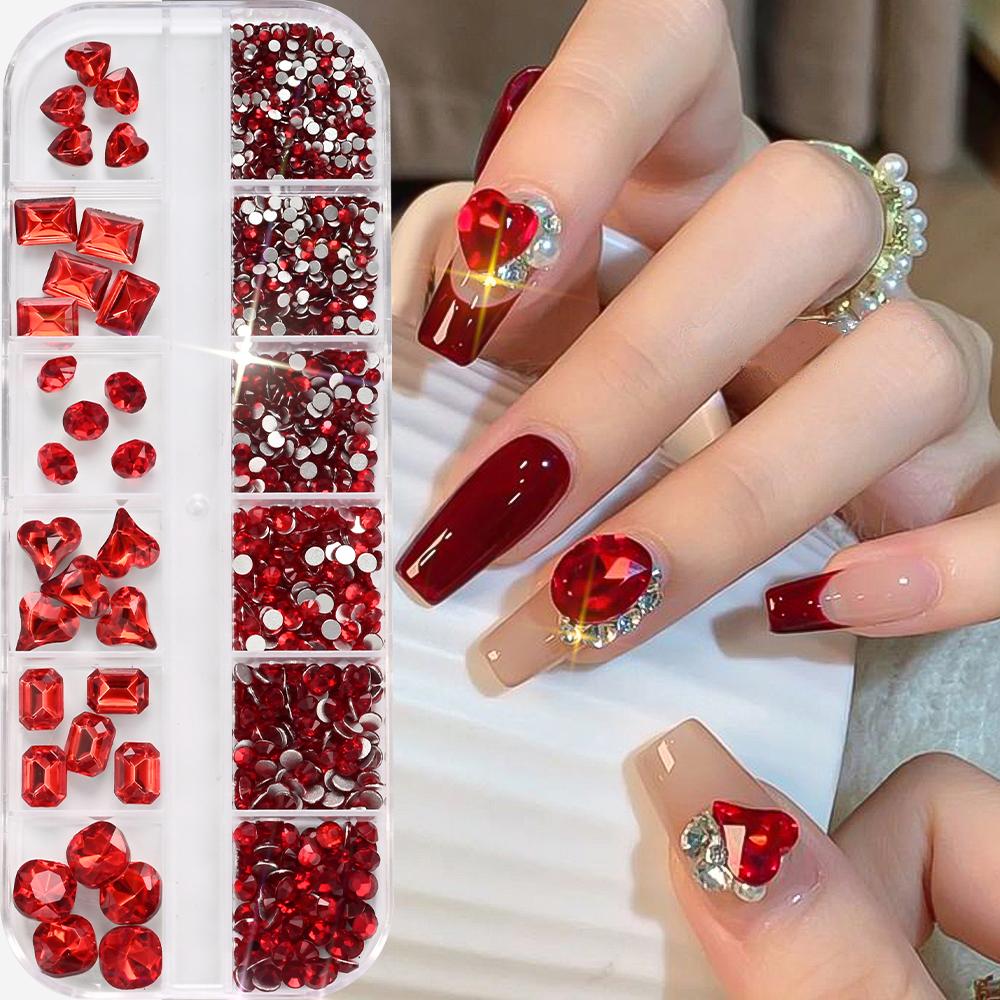 12Grid 3D Mutil-Shapes Shiny Red Diamond Nail Rhinestones SS6-SS16 Round Crystals Nail Gems Luxury Glass Nail Art Gems Decor Y5#