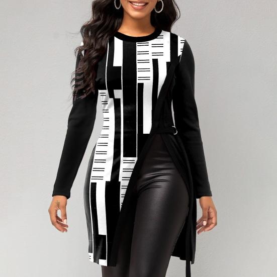 Frauen Herbst Winter Geometrische Drucken Bluse Oansatz Langarm Side Split Saum Mid-länge Pullover Tunika Tops Streetwear