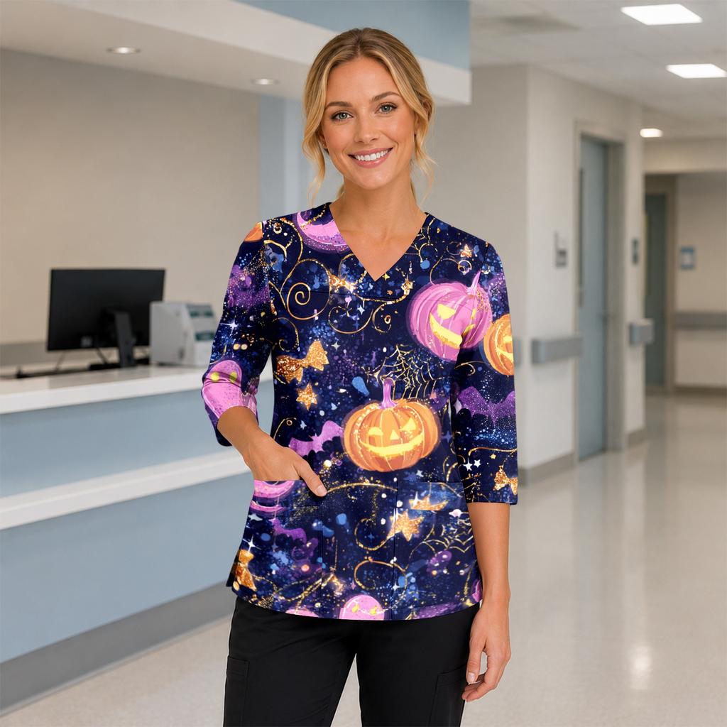 Womens Halloween Print V Neck Medical Scrub Top with Side Slits Three Quarter Sleeves and Front Pocket Nurse Uniform Shirt