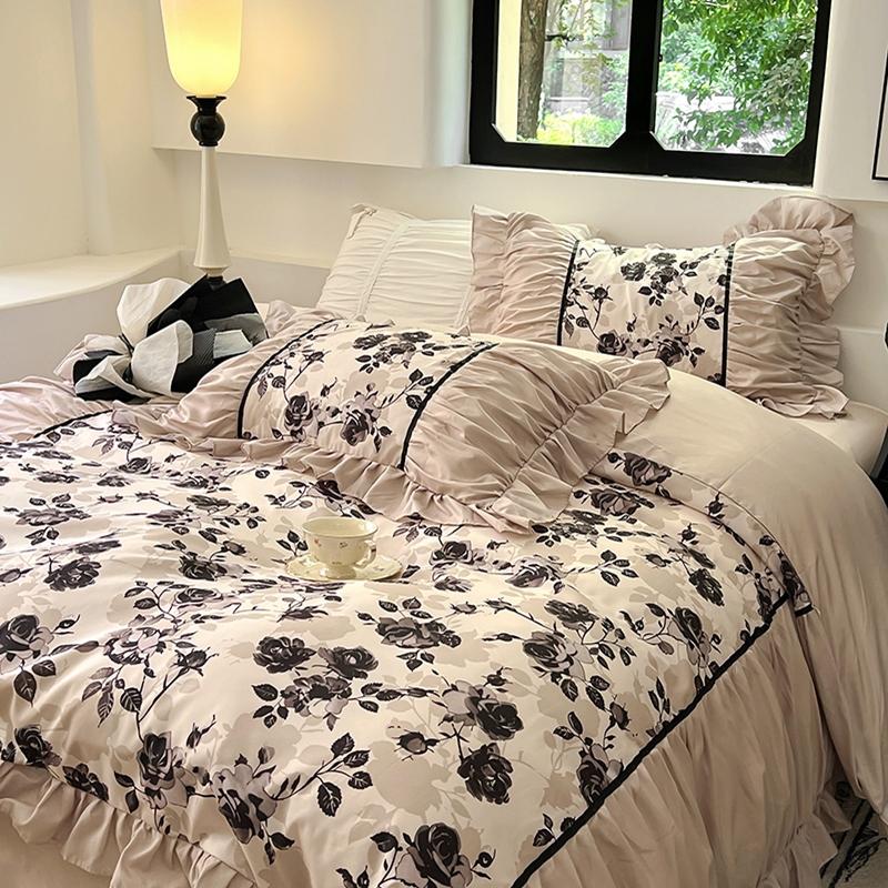 Vintage French Duvet Cover Set, Luxury Black Floral Bedding, Ruffle Design Pillowcases, Girl Woman Bedroom Decor Comforter Cover