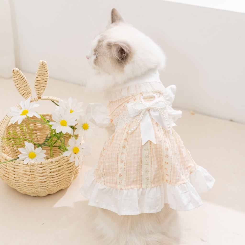 Pet Spring and Summer Flowing Skirt with Lace Edges and Flared Sleeves   Butterfly Knots Princess Dress  Pet Dog Clothing