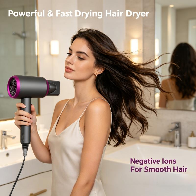 Negative Ion Hair Dryer with Wind Collector Nozzle, Adjustable Hot Cold Wind Lightweight Blow Dryer for Household Hair Drying