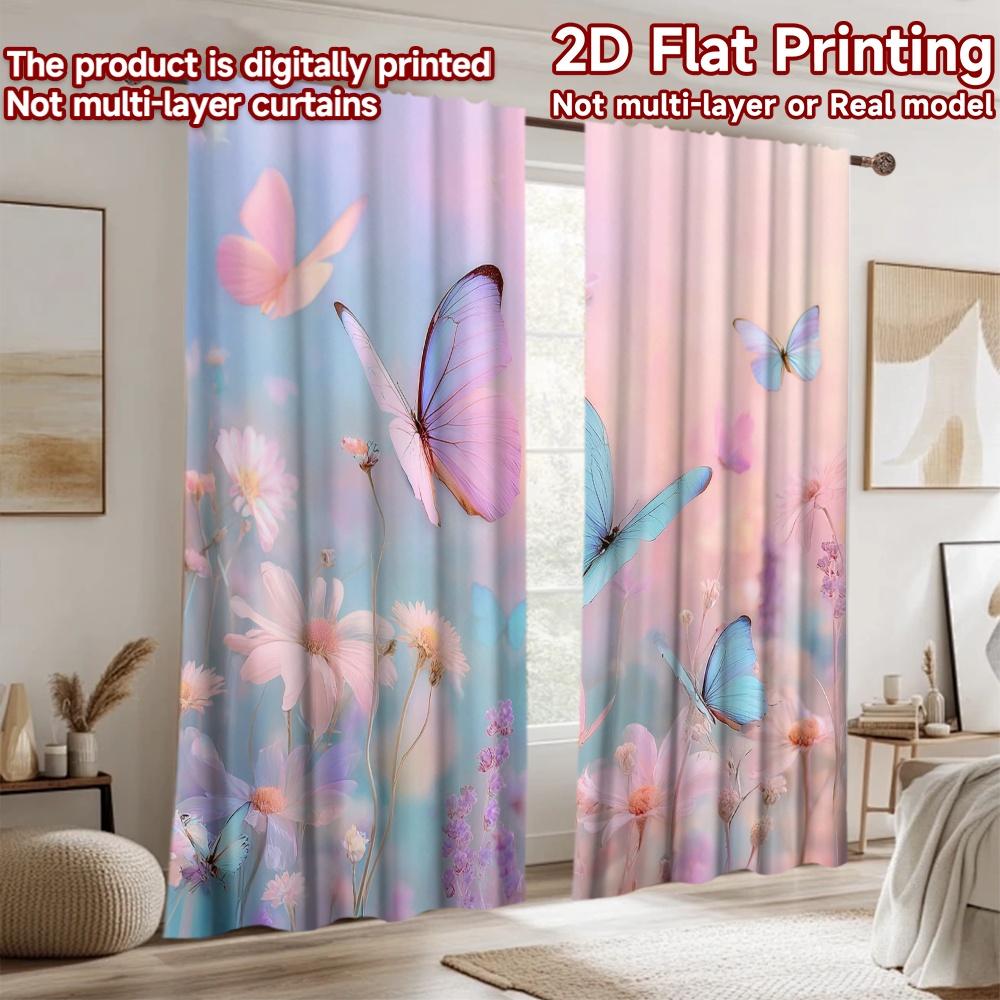 2D Flat Printing 2pcs Window Curtains Beautiful Butterflies Sky Pastel Fantasy Digital Printed Polyester Drapes Holiday