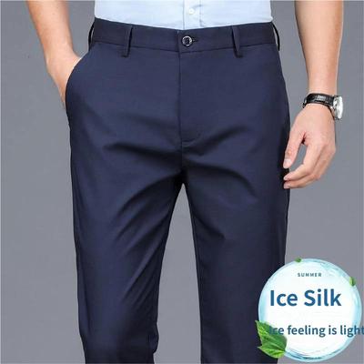 Pantalones de Hilo de Hielo para Hombre nueva versión de pantalones de traje rectos verticales elásticos de negocios pantalones casuales de verano para personas mayores