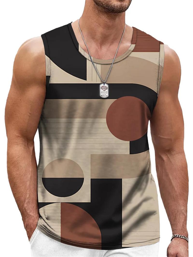 Mens Retro Geometric 3D Printed Tank Top Summer Casual Crew Neck Fashion Trend Sleeveless Vest Loose Breathable Sports Tops S
