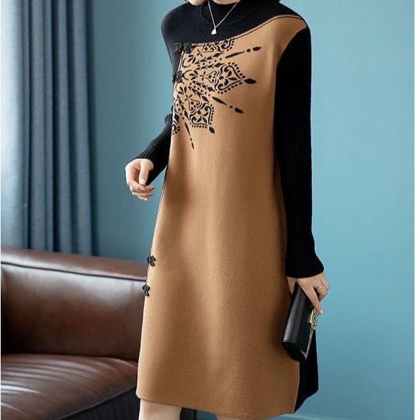 Women's Plus Size Knit Dress Autumn Winter Color-Block Loose Knit Sweater Dress Long A-Line Knit Dress