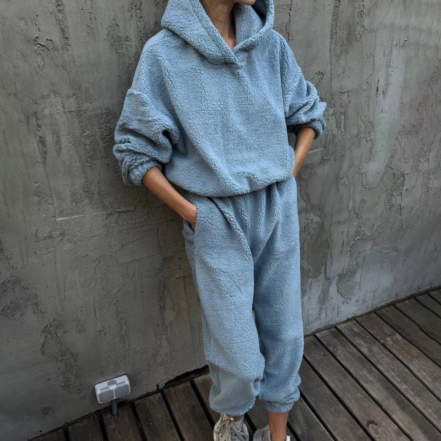 Women Solid Color Long Sleeve Hooded Hoodies Suit Autumn Winter Loose Top Wide Leg Pants