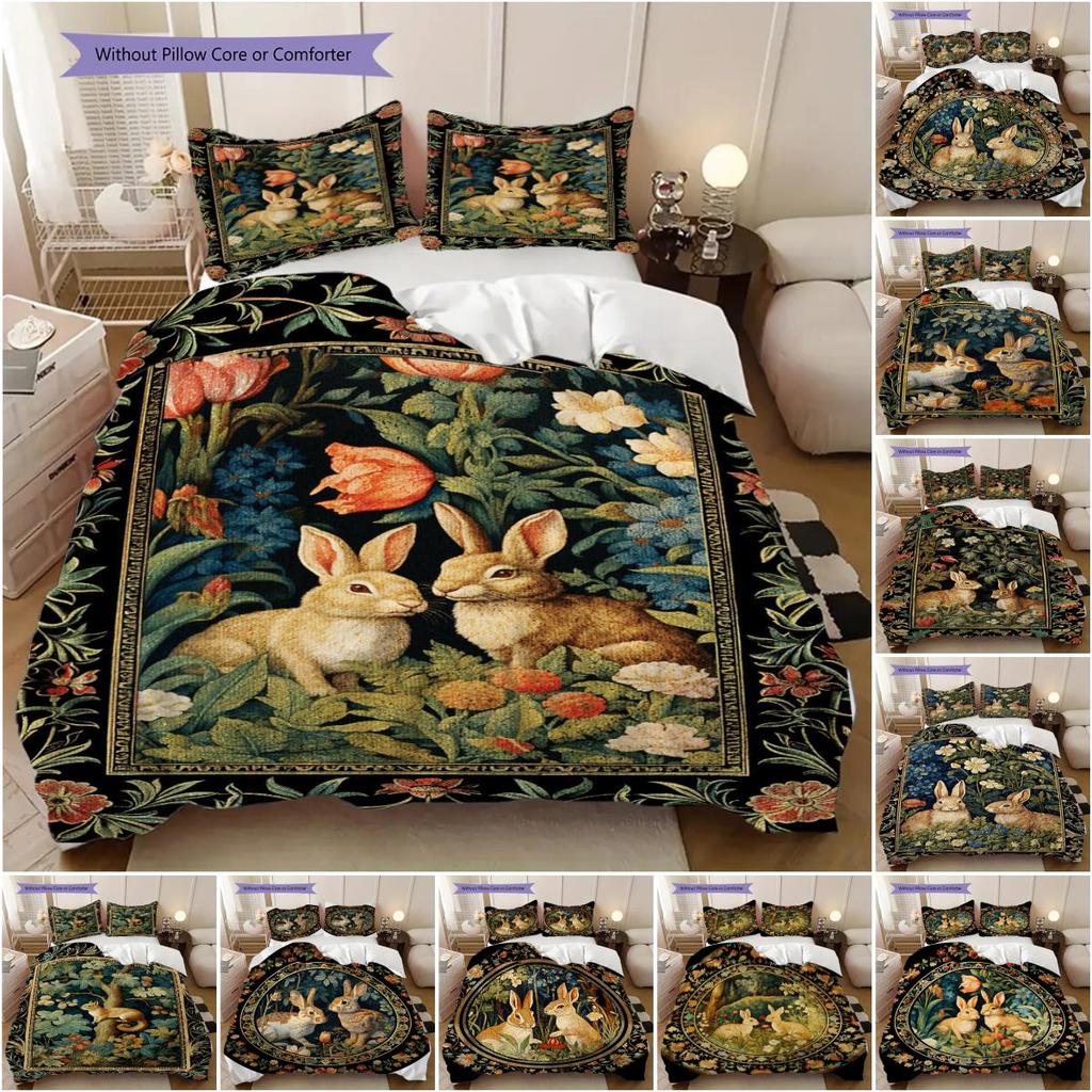 William Morris' Pastoral Flower Rabbit Bettwäsche, Bettbezug, Kissenbezug, Heimdekoration, Geburtstagsgeschenk (1 * Bettbezug+2 * Kissenbezug, ohne Füllung)