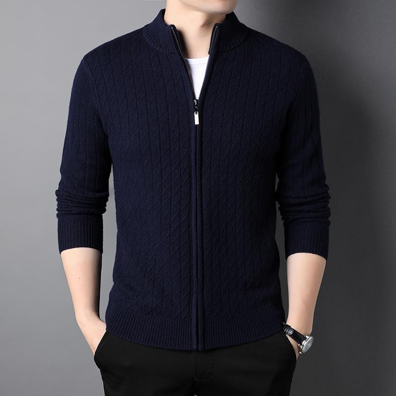 100 Pure Wool Cardigan Men's Half Turtleneck Top Middle-aged Spring and Autumn Full Wool Knitted Jacket High-end Sense