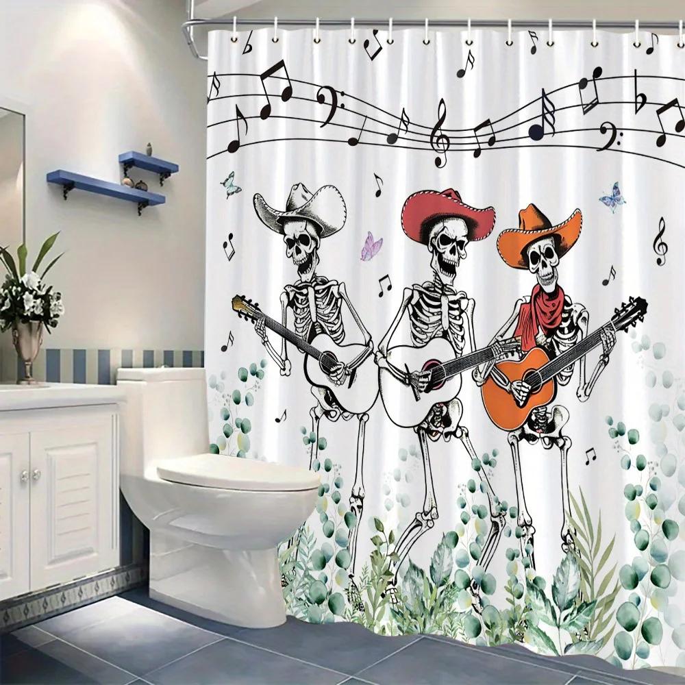 Guitar Playing Skeletons Shower Curtain - Colorful Hats & Dancing Skeletons, 12 Hooks, Fun Festive Bath Decor
