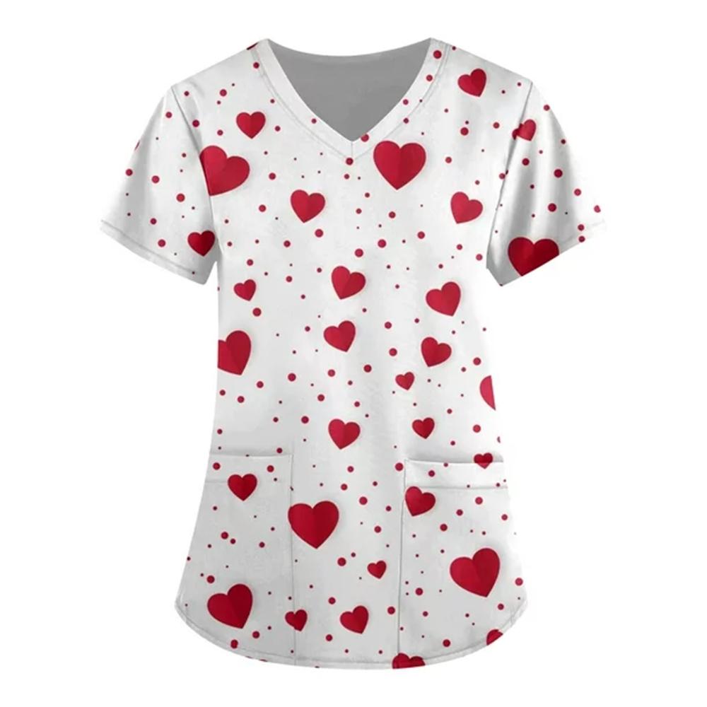 Women Valentines Day Ladies Nurse Uniform Love Print Gradient Short Sleeve Pocket Work Shirt Tunics Carer Medical Nursing Blouse