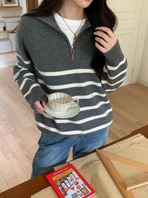 Third Morning High Zhi Eonni Striped Half-Zip Loose Sweater