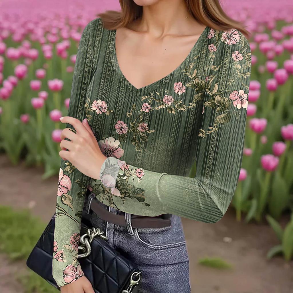 Women's Winter Slim-Fit Base Layer T-Shirt Fashionable Print V-Neck Pullover Long-Sleeved Top