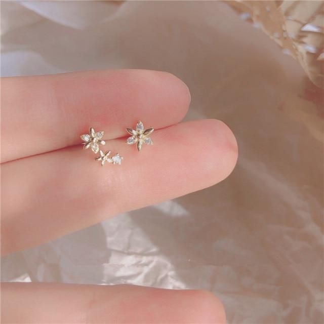 Cercei din argint sterling 925 francez, asimetric, creativ, placat cu flori, cercei din aur de 14 k, bijuterii pentru întâlniri romantice dulci